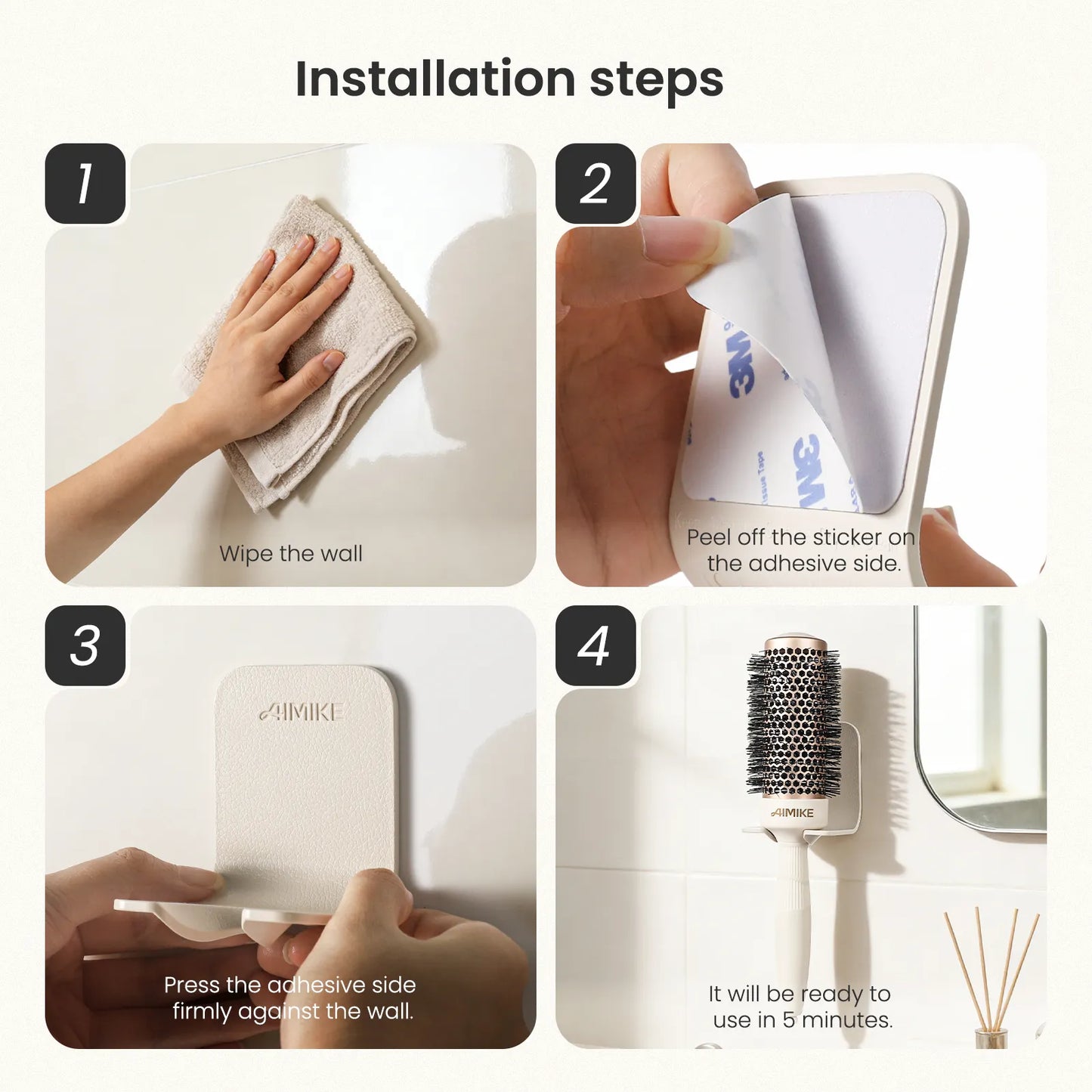 AIMIKE Wall-Mounted Round Brush Holder | Sleek Adhesive Hair Tool Organizer