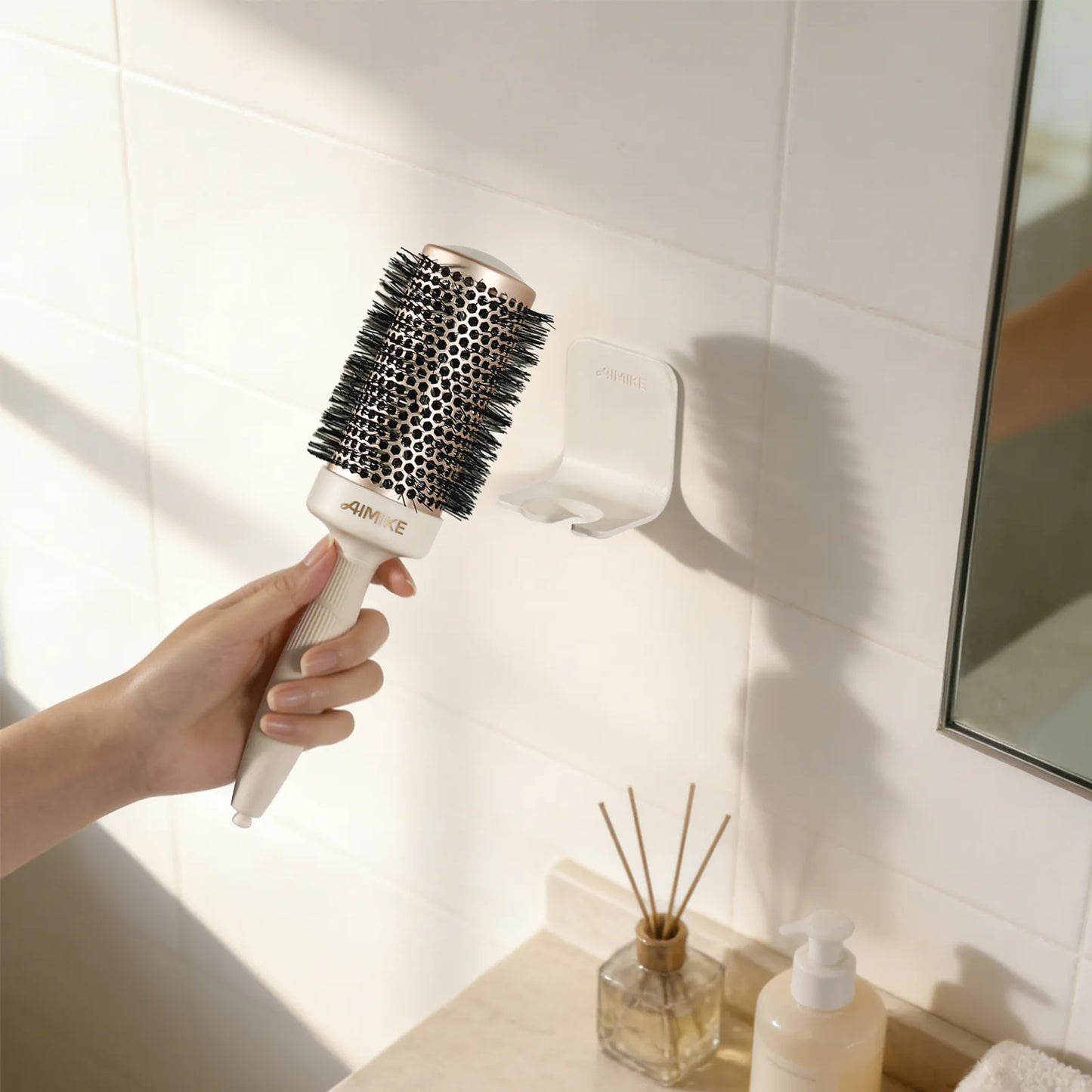 AIMIKE Wall-Mounted Round Brush Holder | Sleek Adhesive Hair Tool Organizer