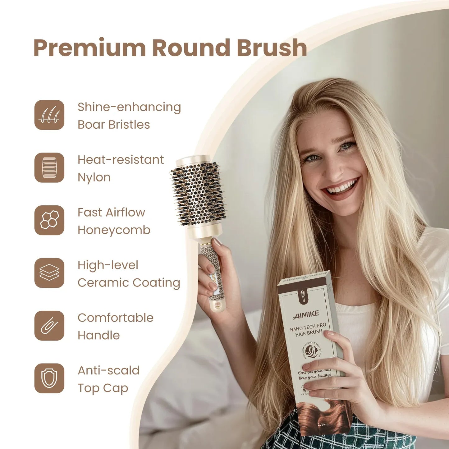 AIMIKE Nano Ceramic Ionic Boar Bristle Round Brush