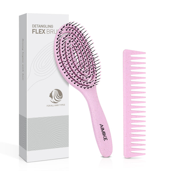AIMIKE Detangling Hair Brush, Vented Detangler Brush, No Pull Detangling Brush w/ Flex Soft Bristles - Pastel Pink